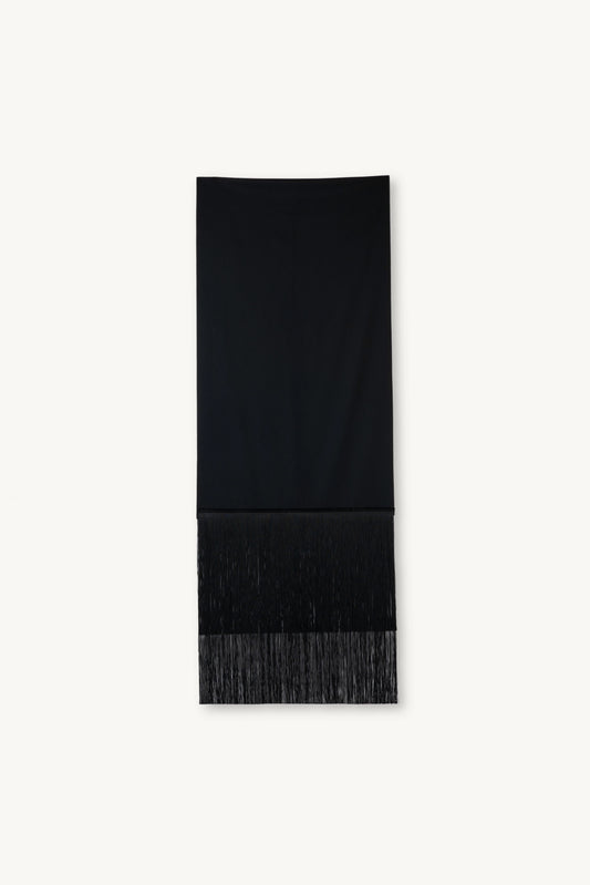 Brisa Scarf - Black | MAISON MAGDALENA | A long wool scarf with a handmade fringed finish | Product picture