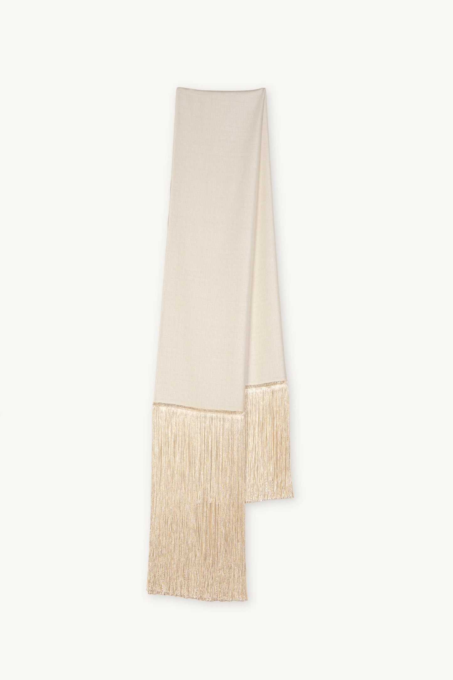 Brisa Scarf | MAISON MAGDALENA | Wite scarf with long beige fringes | Folded product picture on light background