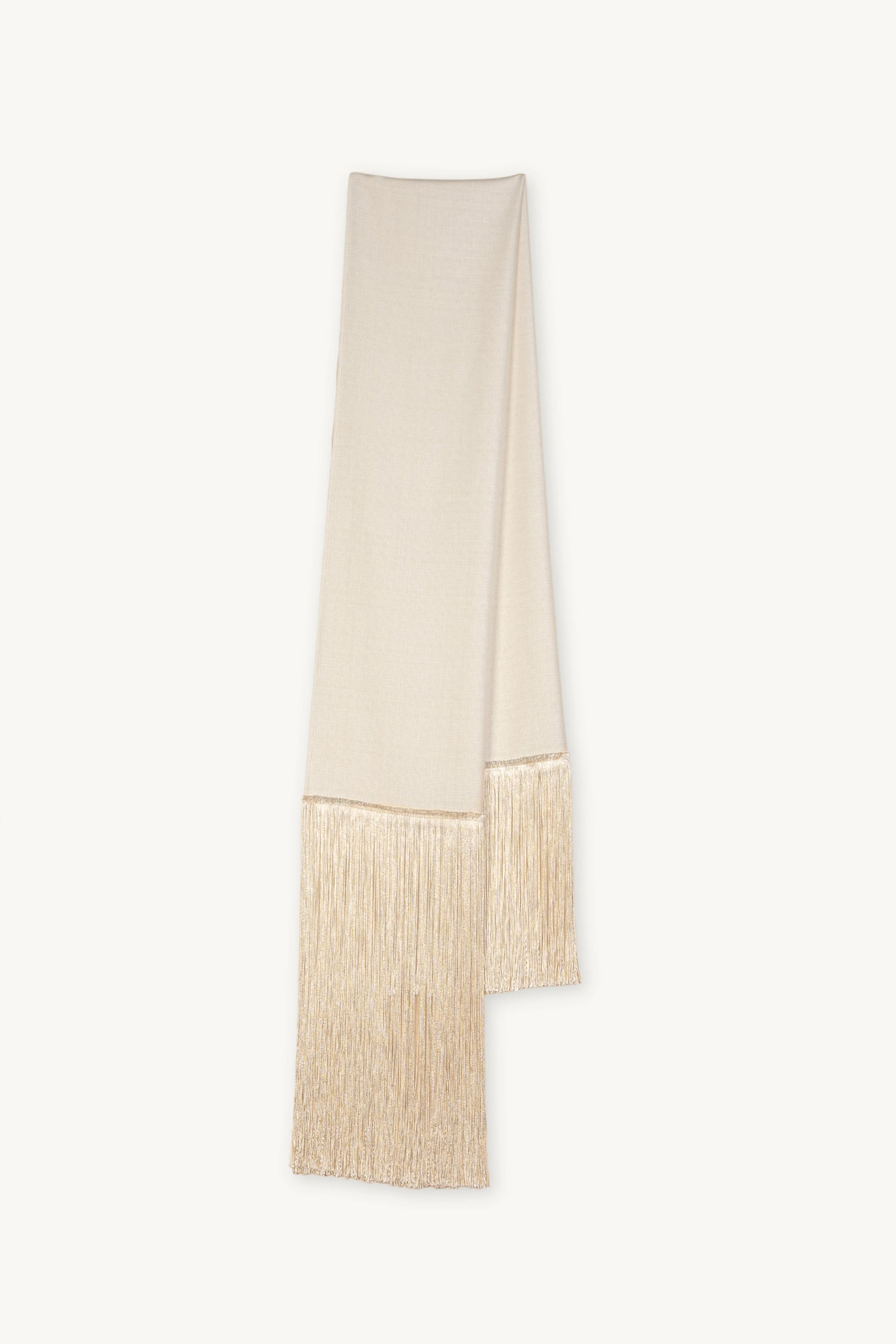 Brisa Scarf | MAISON MAGDALENA | Wite scarf with long beige fringes | Folded product picture on light background