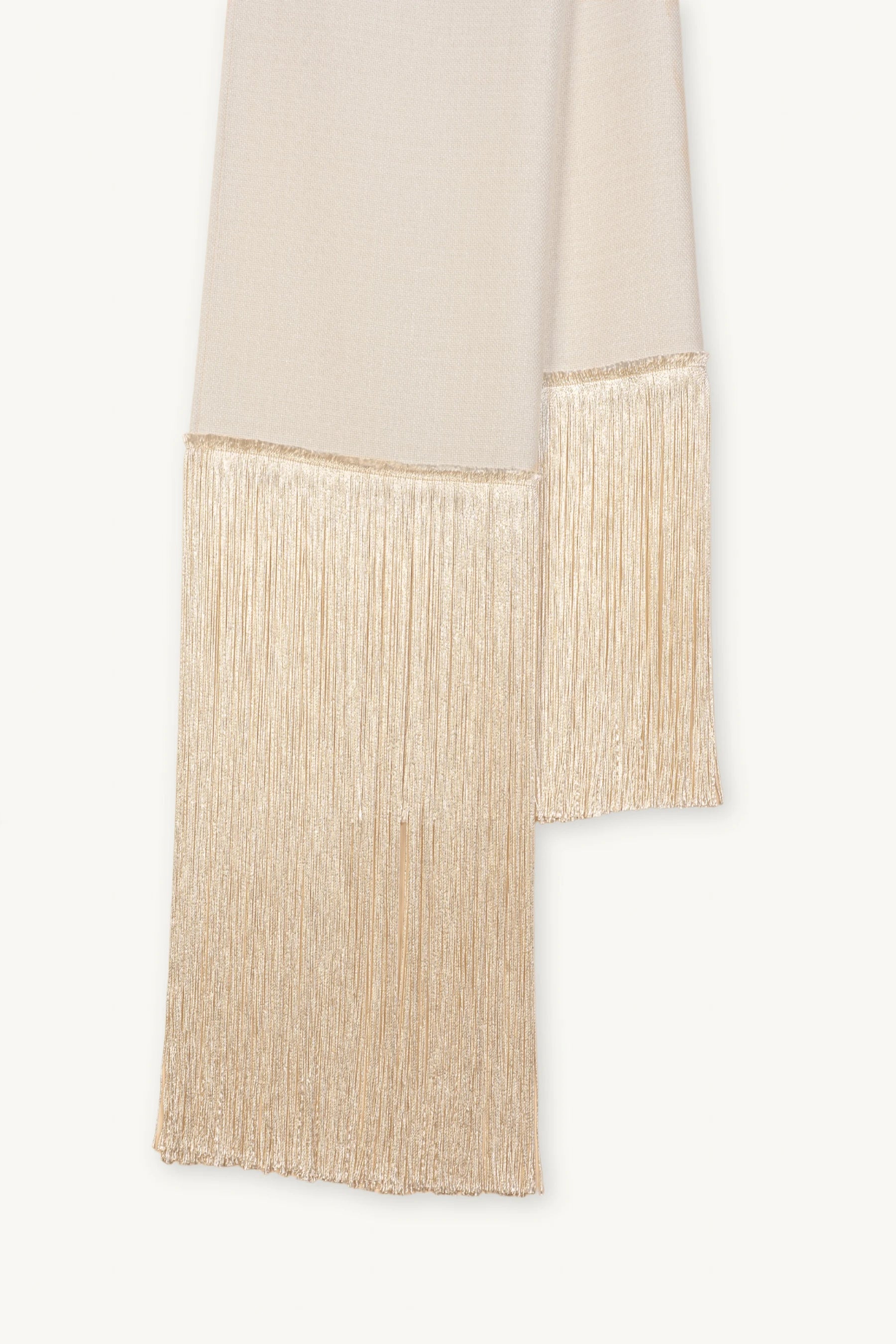 Brisa Scarf | MAISON MAGDALENA | Wite scarf with long beige fringes | Close up product picture on light background 