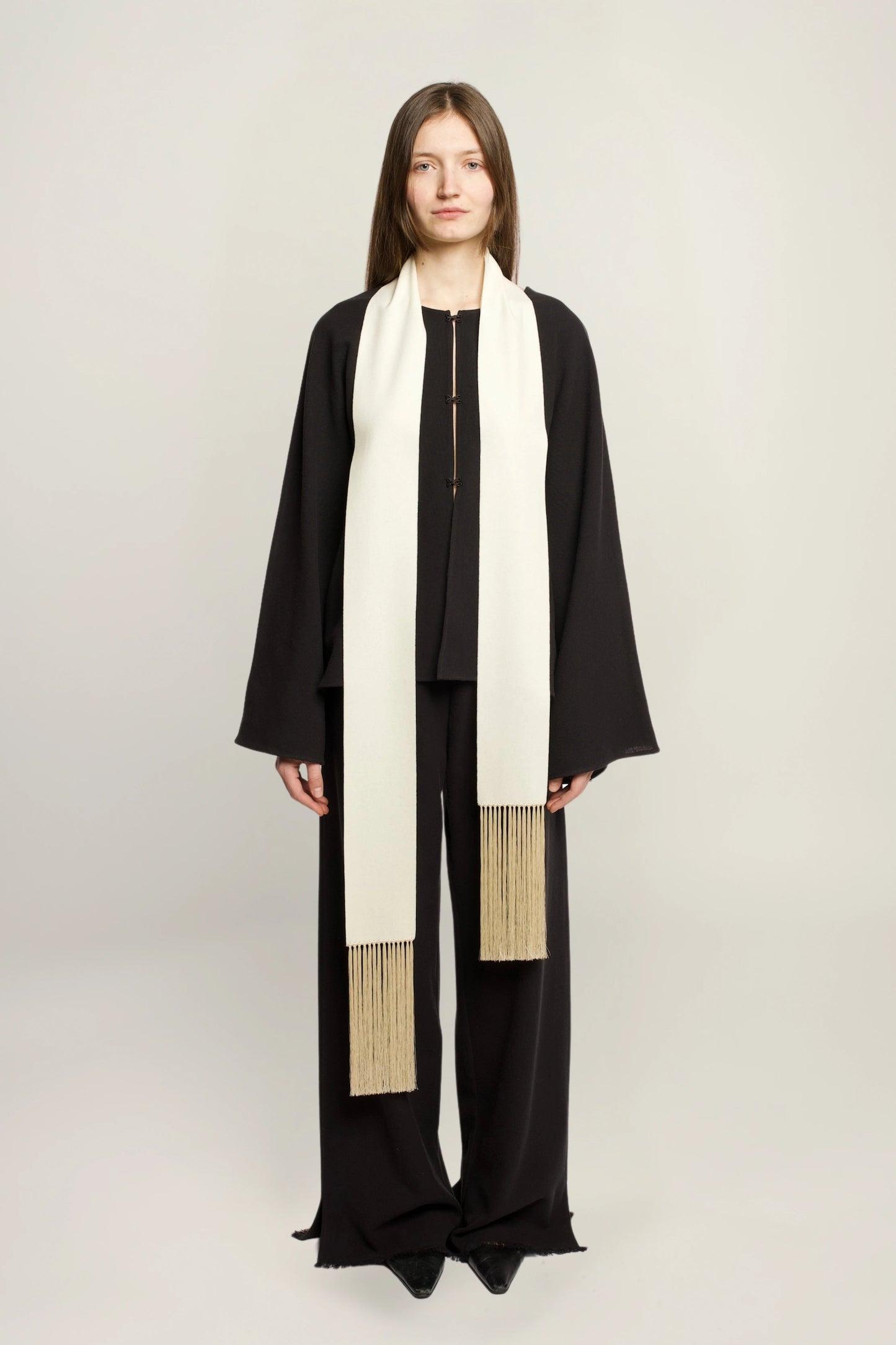Brisa Slim Scarf | MAISON MAGDALENA | A Beige Scarf with a fringed finish