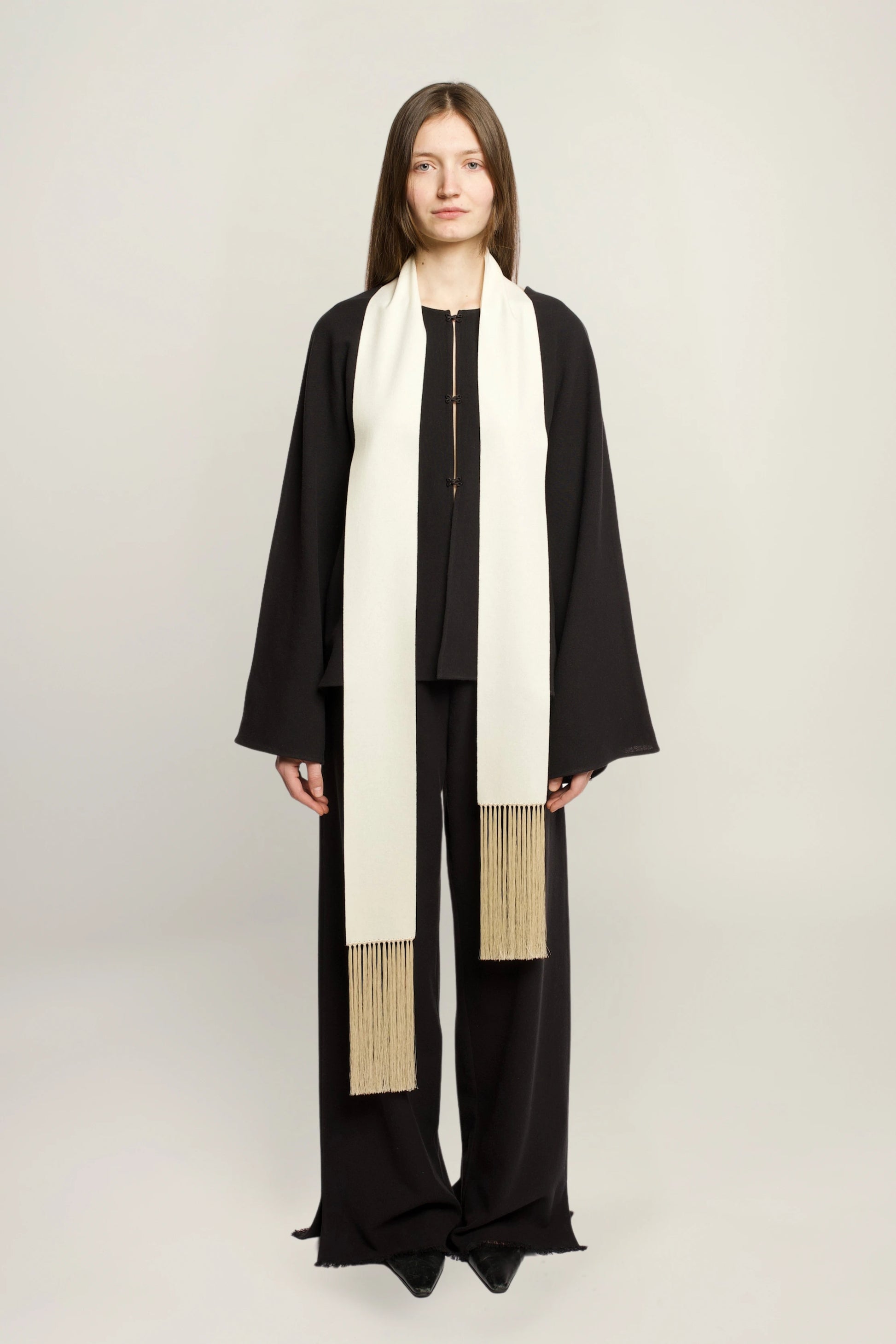 Brisa Slim Scarf | MAISON MAGDALENA | A Beige Scarf with a fringed finish