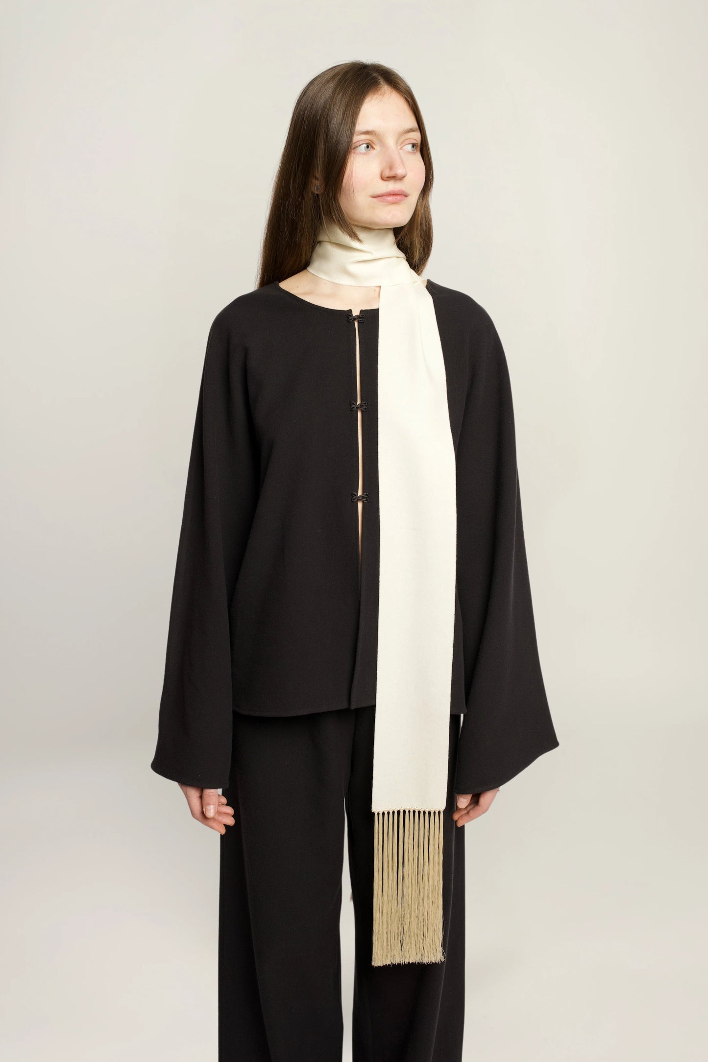 Brisa Slim Scarf | MAISON MAGDALENA | A Beige Scarf with a fringed finish