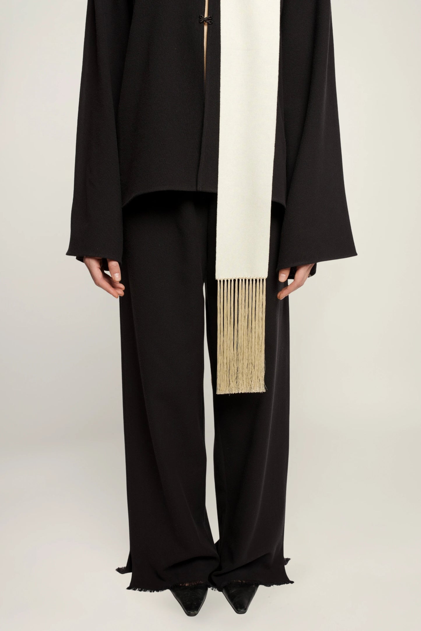 Brisa Slim Scarf | MAISON MAGDALENA | A Beige Scarf with a fringed finish
