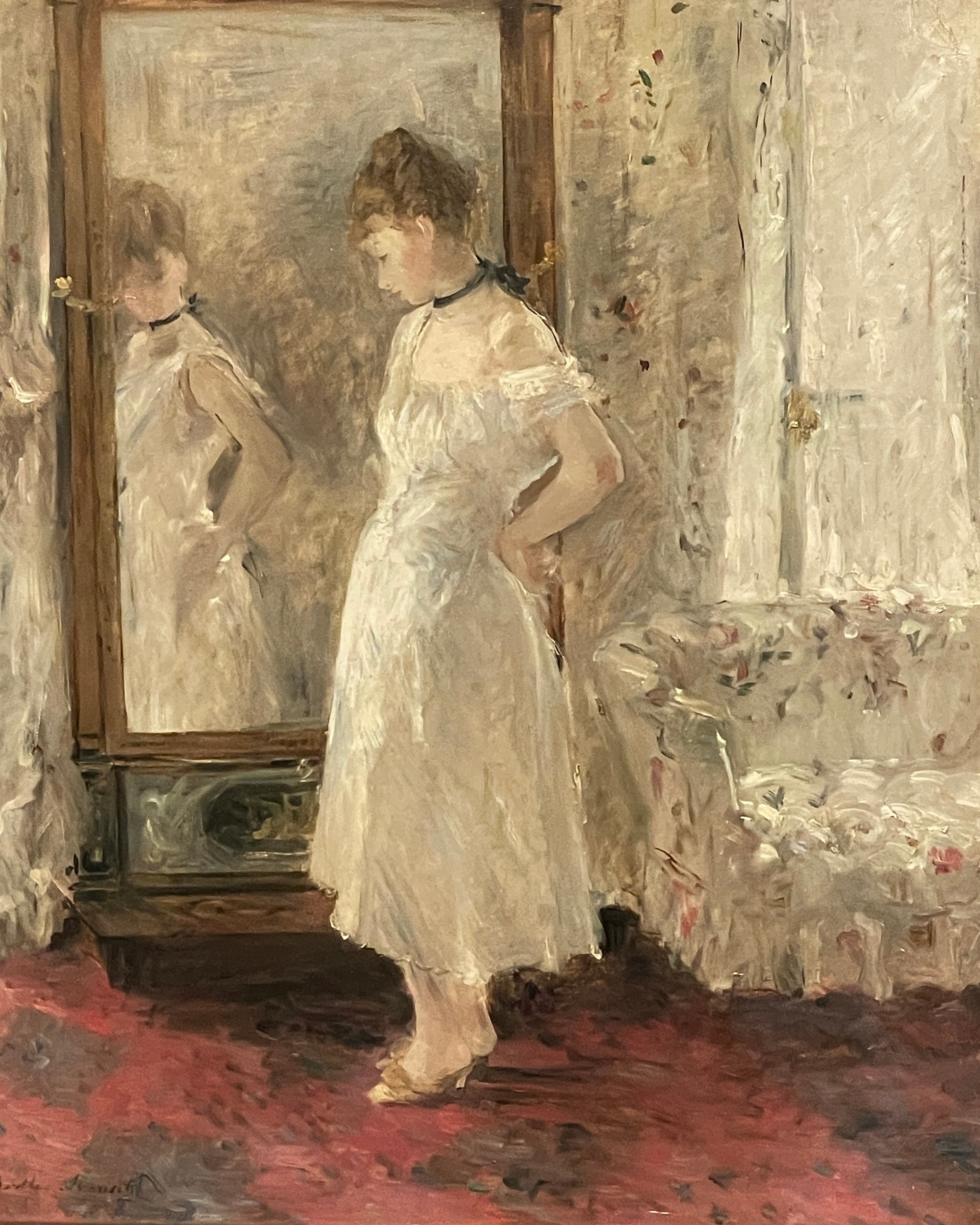 Maison Magdalena website banner showing a impressionist painting of a women in premium handmade dress looking in a mirror