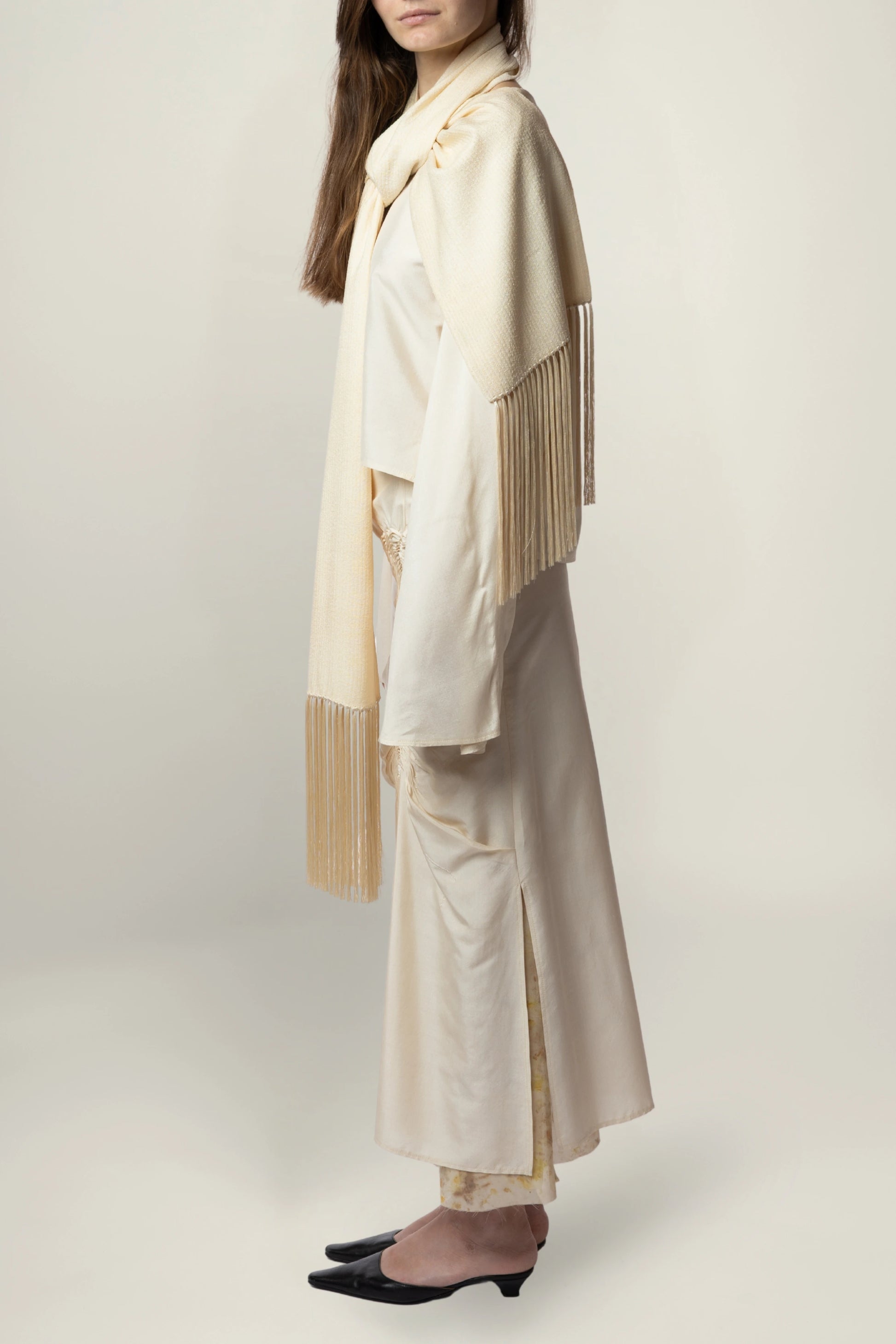 Linea Scarf | MAISON MAGDALENA | A beige long scarf with a handmade fringed finish | Product picture