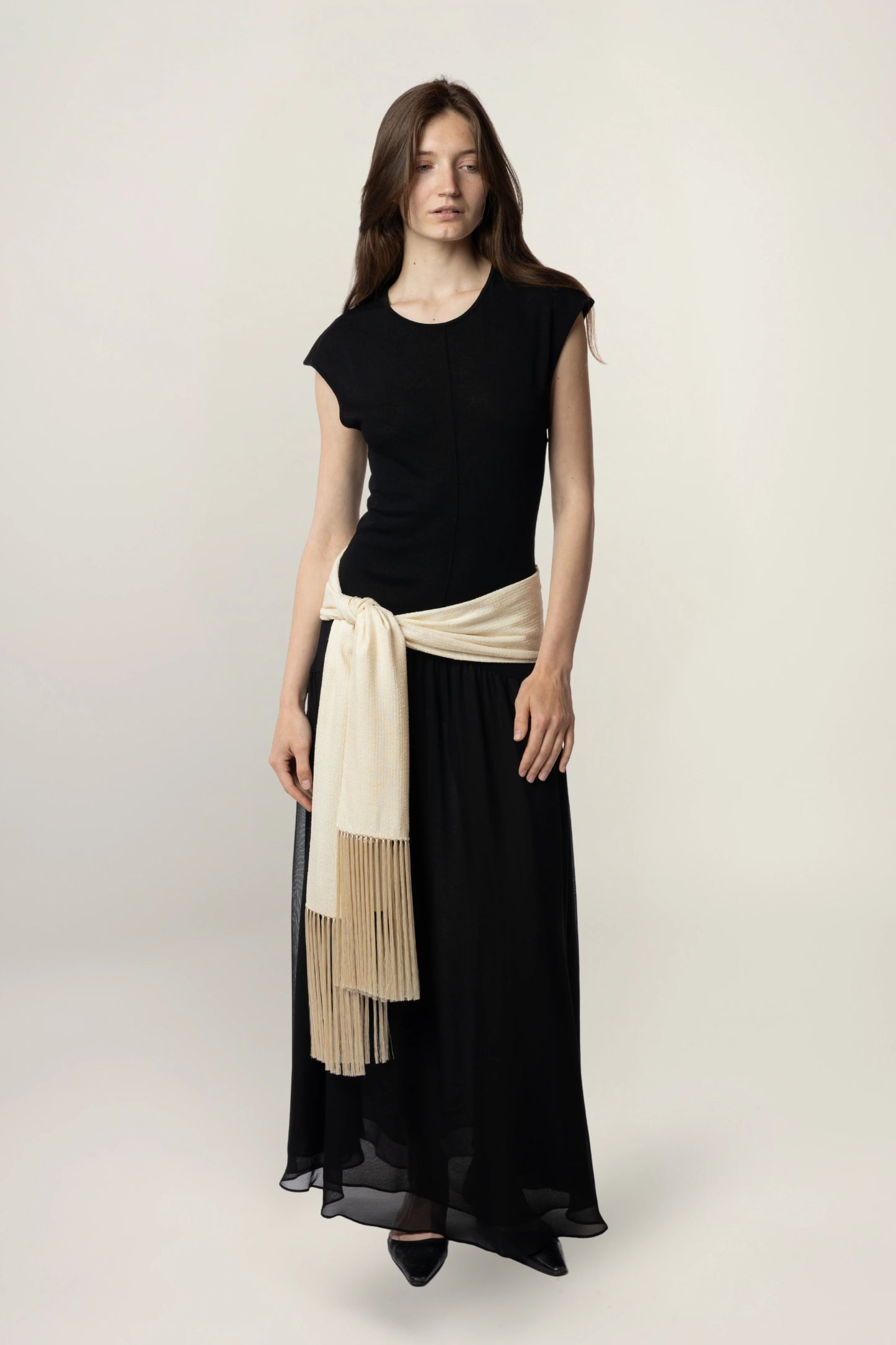 Linea Scarf | MAISON MAGDALENA | A beige long scarf with a handmade fringed finish | Product picture