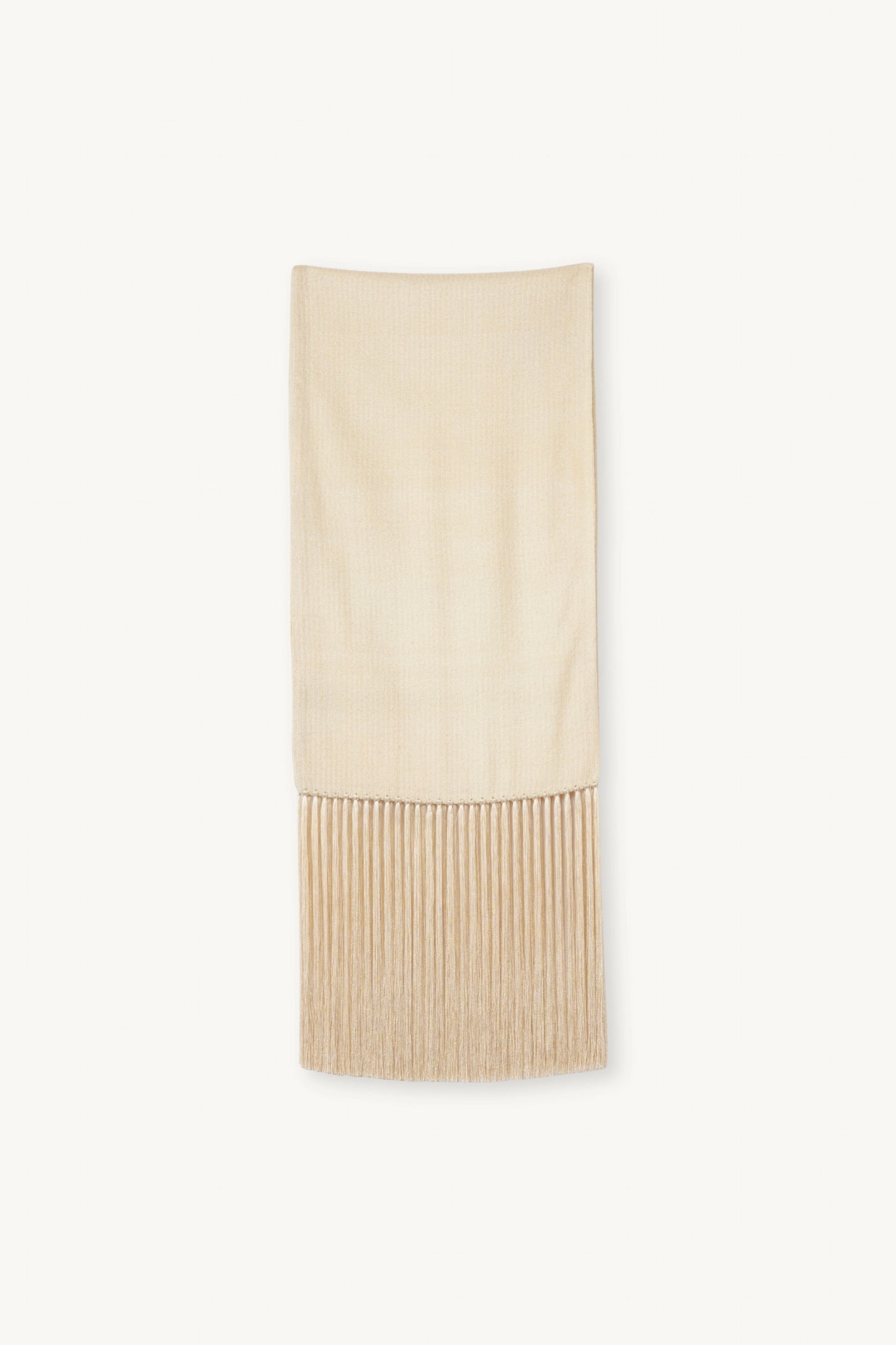 Linea Scarf | MAISON MAGDALENA | A beige long scarf with a handmade fringed finish | Product picture