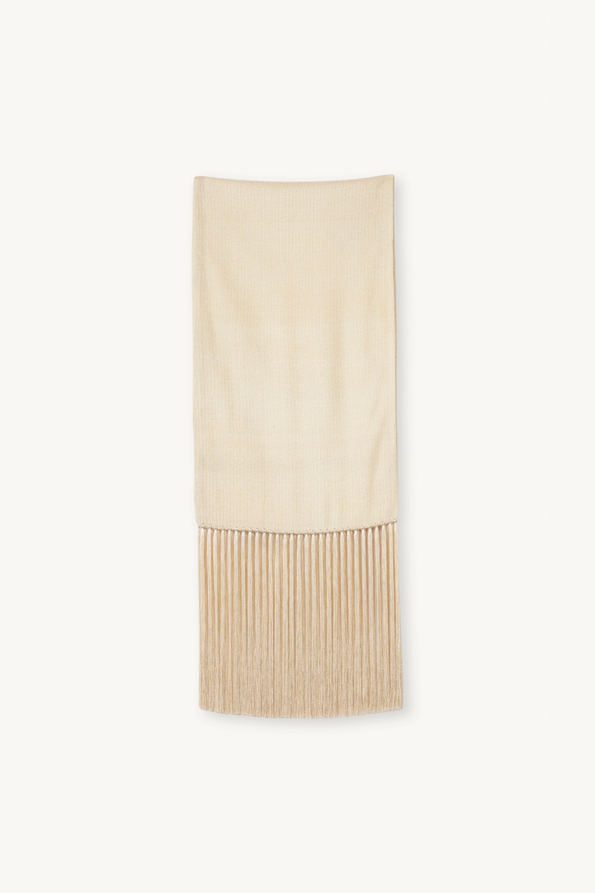 Linea Scarf | MAISON MAGDALENA | A beige long scarf with a handmade fringed finish | Product picture
