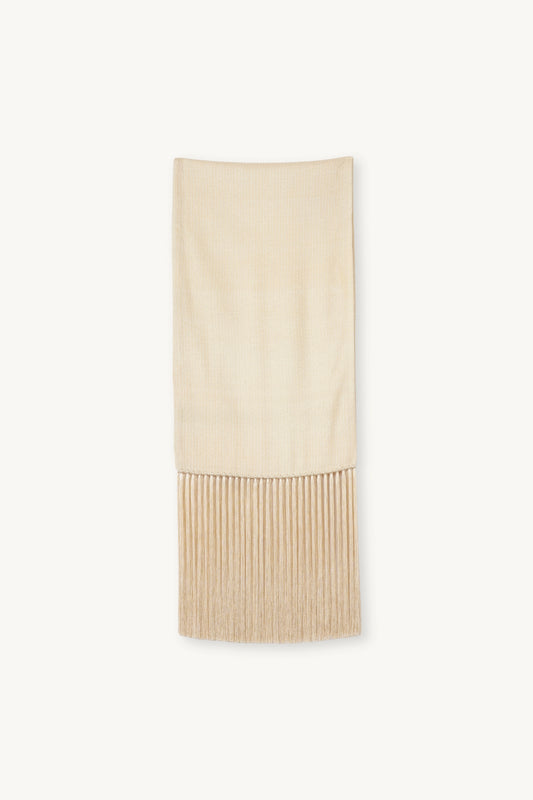 Linea Scarf | MAISON MAGDALENA | A beige long scarf with a handmade fringed finish | Product picture