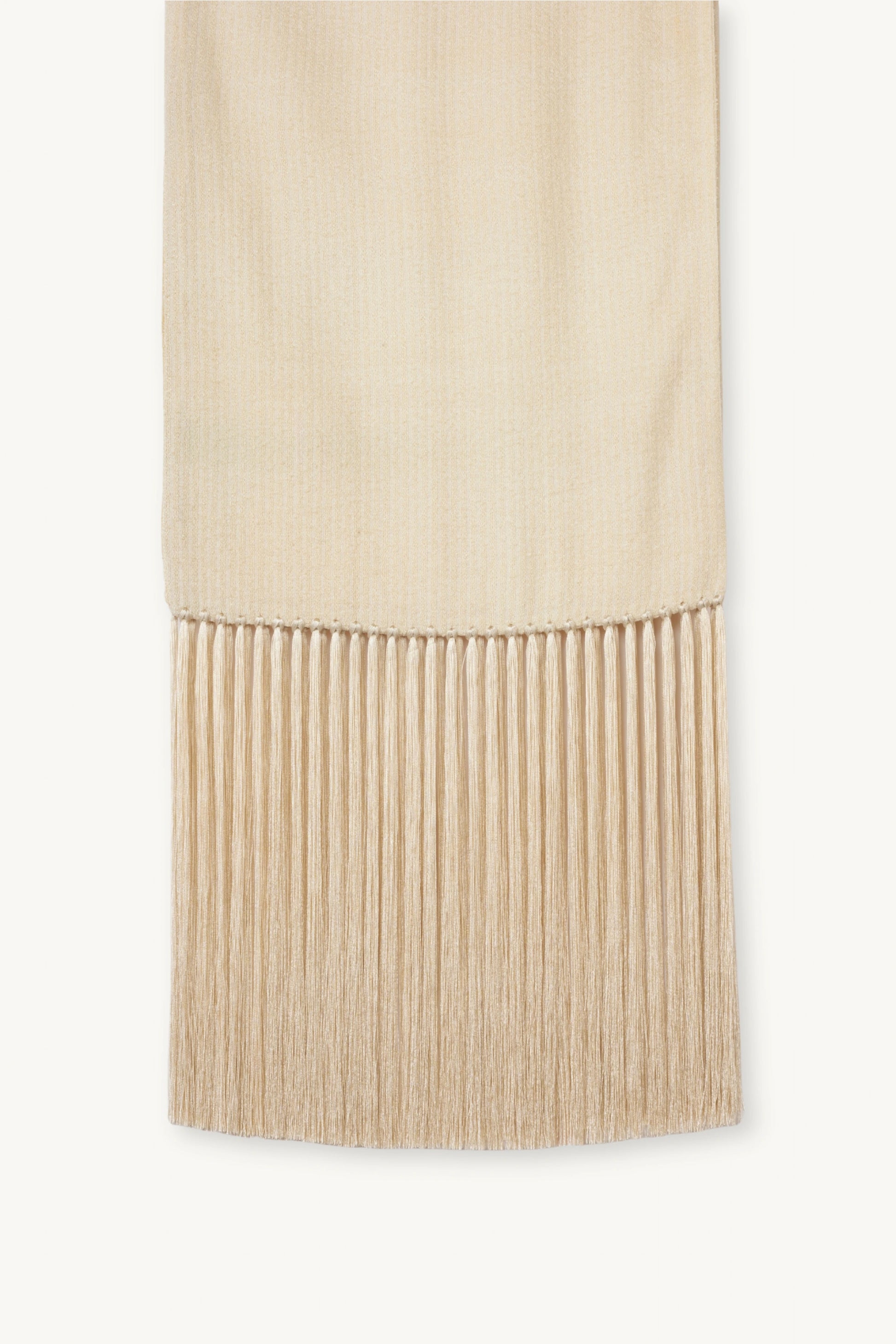 Linea Scarf | MAISON MAGDALENA | A beige long scarf with a handmade fringed finish | Product picture