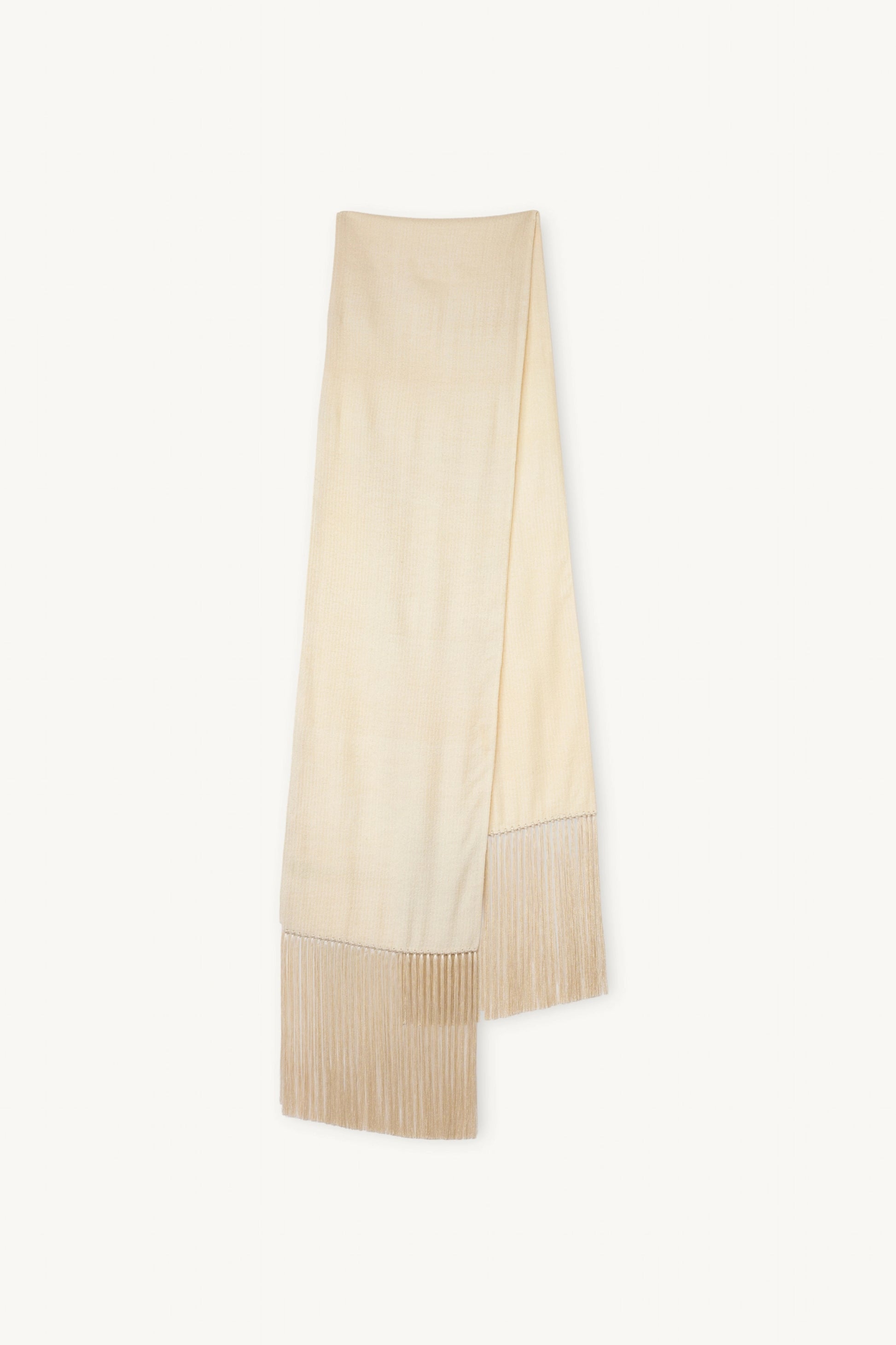Linea Scarf | MAISON MAGDALENA | A beige long scarf with a handmade fringed finish | Product picture