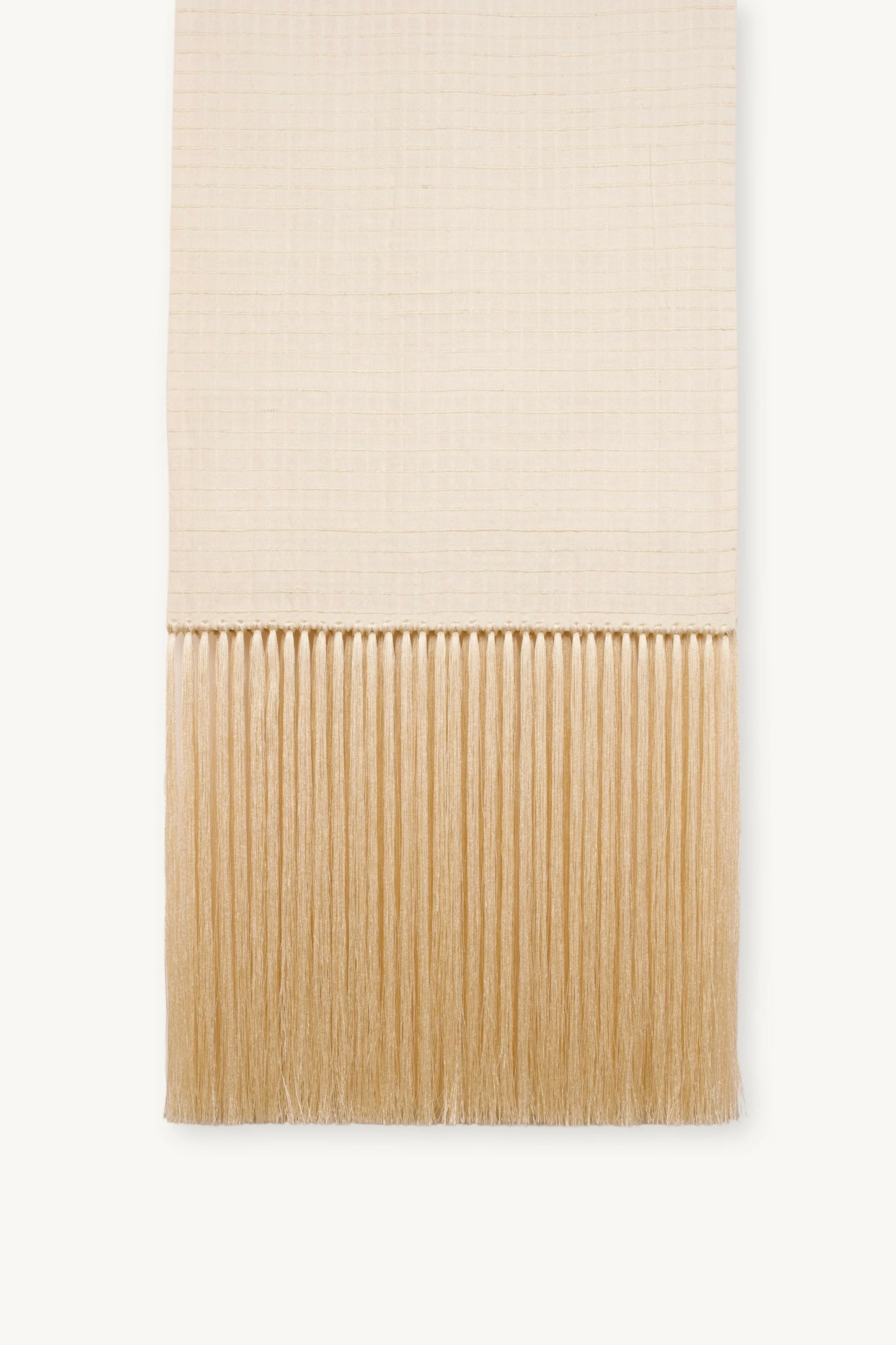 Linea Scarf | MAISON MAGDALENA | A silk scarf with beige fringes | Product picture on light background close-up