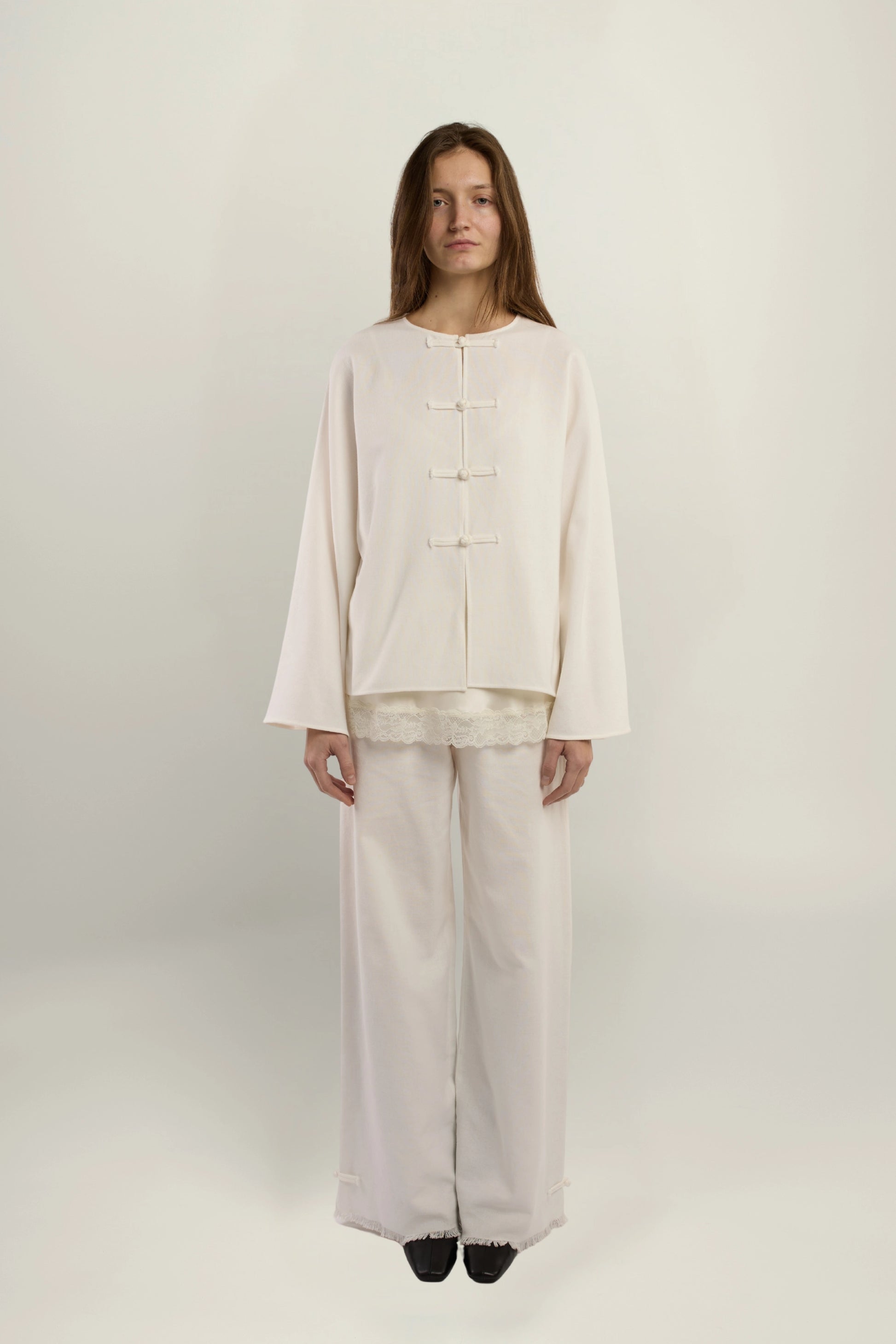 Cruise Top | MAISON MAGDALENA | White top with handmade frog buttons | Model picture front view full view