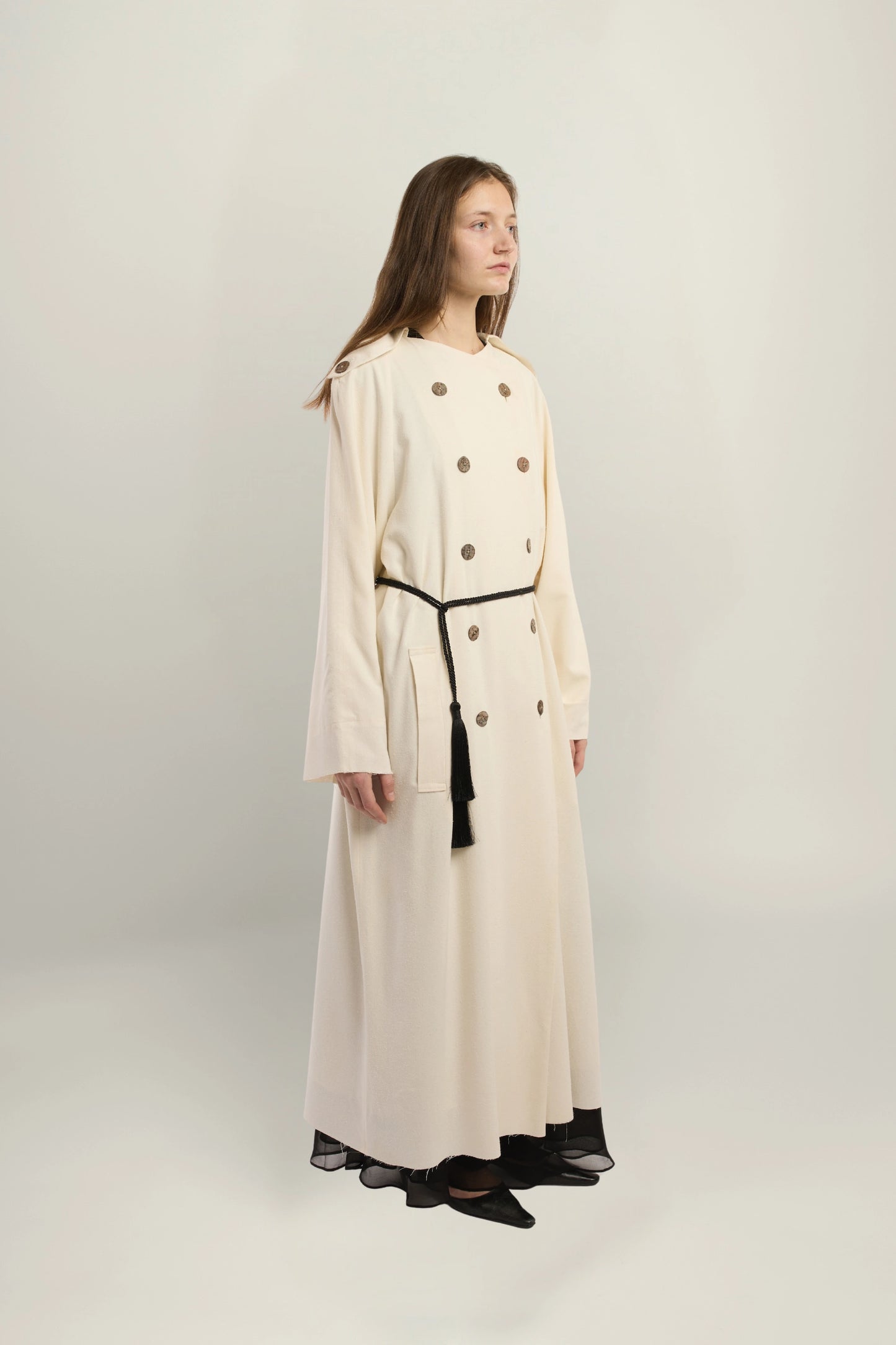 Marreti Trench Coat | MAISON MAGDALENA | A long white coat | Model picture