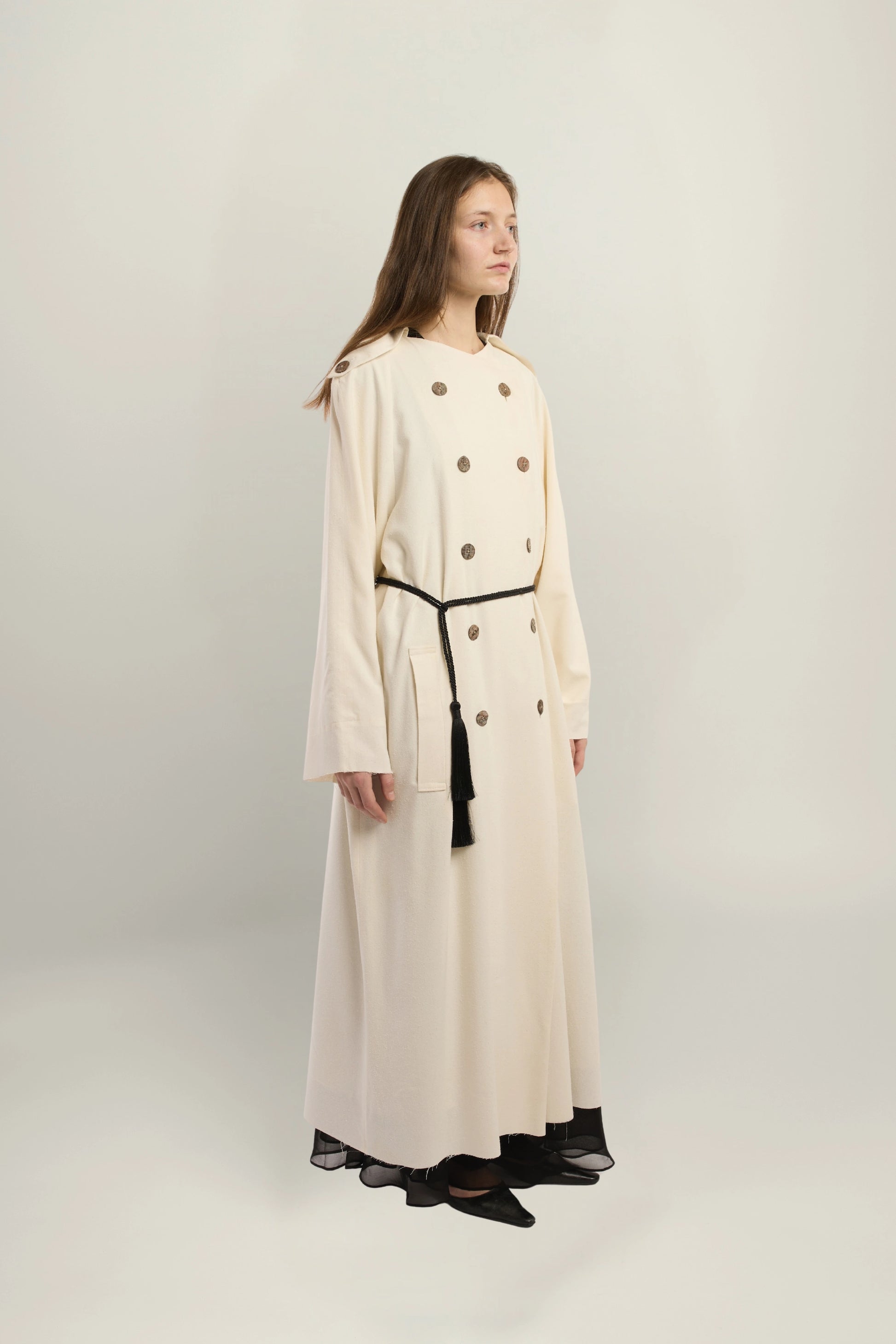 Marreti Trench Coat | MAISON MAGDALENA | A long white coat | Model picture