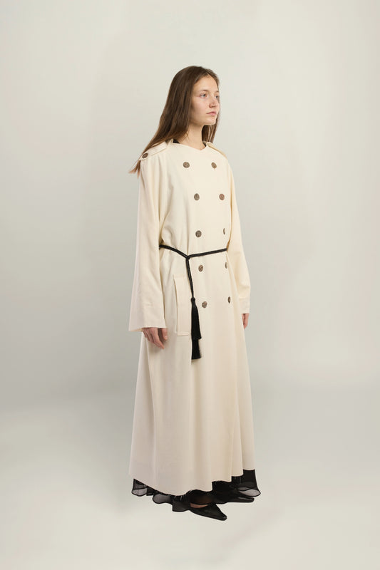 Marreti Trench Coat | MAISON MAGDALENA | A long white coat | Model picture