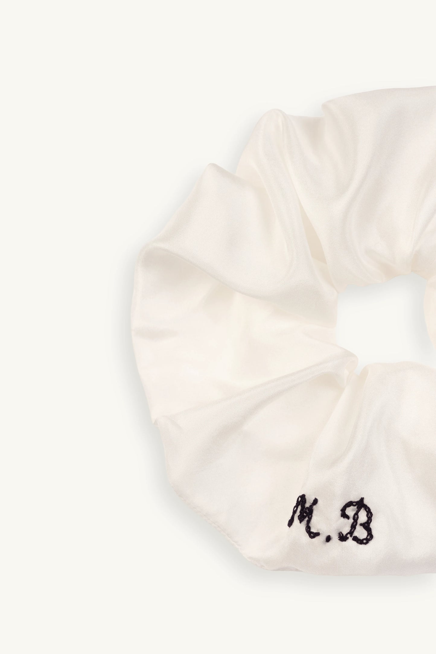 MAISON MAGDALENA | Antipasti scrunchie | white hair accessory with initials 'M.B.' on a white background